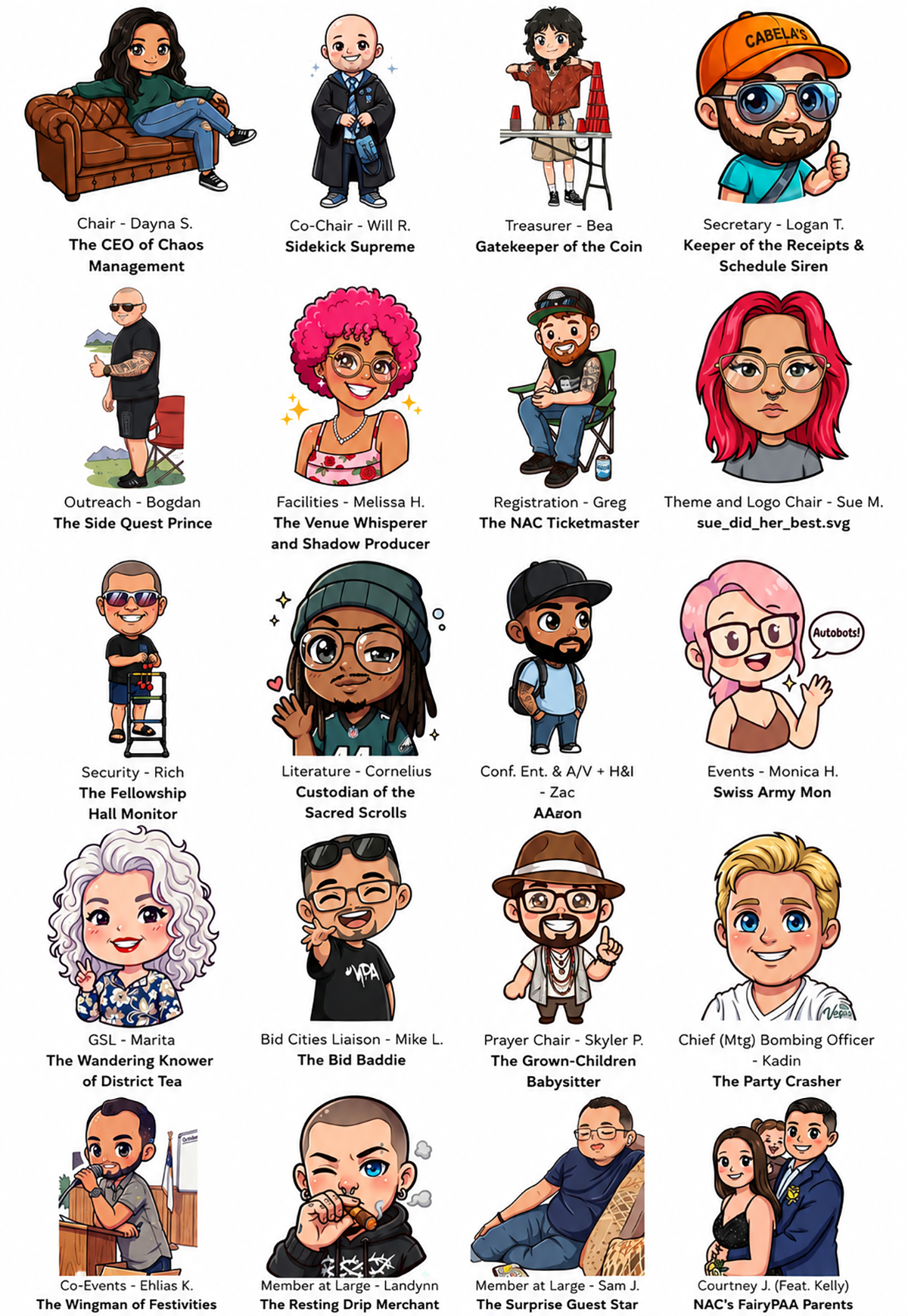 NACYPAA V host committee — illustrated stickers of each member with their role